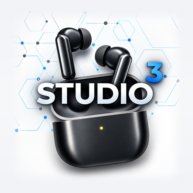 Logo de Studio 3 con unos audífonos inalámbricos negros